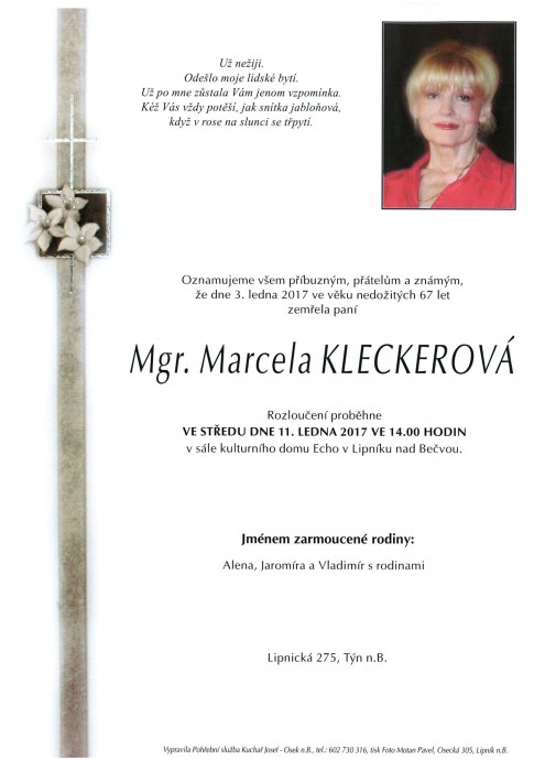 Zemřela Mgr. Marcela Kleckerová